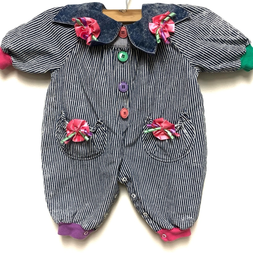 Vintage Striped Denim Romper Outfit 18-24 Mos Toddler Girls 80s 90s Ribbons Bows